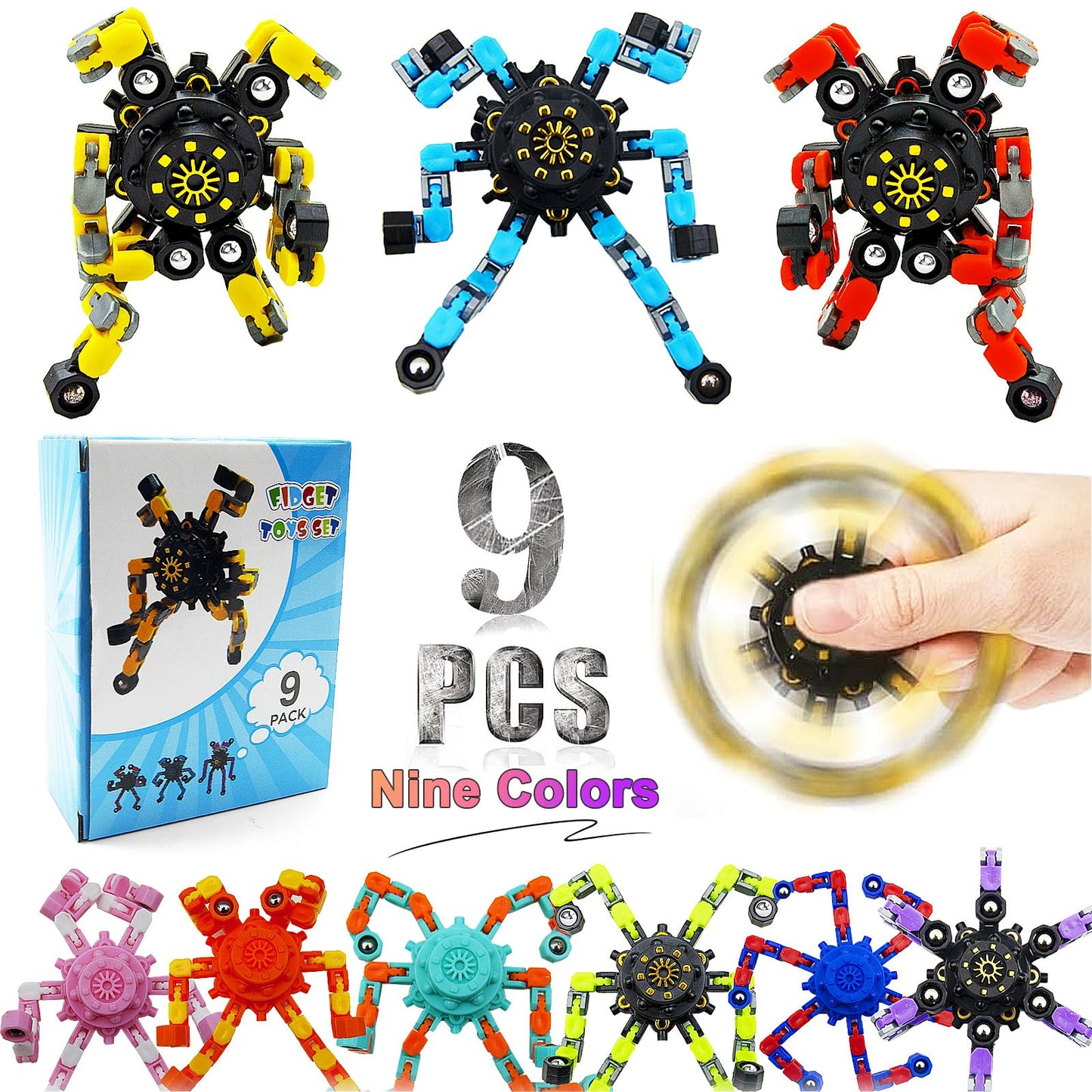 Easter Basket Stuffers Transformable Fidget Spinners,9Pcs Funny Sensory Fidget Toys Adults Deformable Chain Diy Robot Spinner,Fingertip Stress Relief Gyro Toy Easter Basket Stcoking Stuffer For Kids