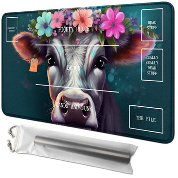 RWUTYTIUL Flower Cow Card Playmat 24 X 14 Inch with Tube Bag, Card Gameplay Mat with Zones Commander Deck Board MTG RPG CCG TCG 