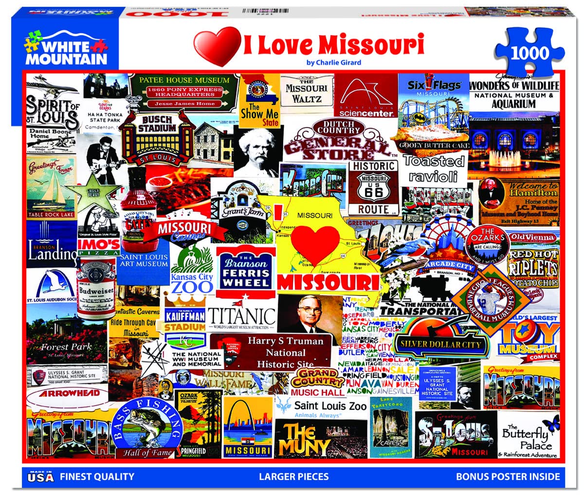 White Mountain 1000 Piece Jigsaw Puzzle - I Love Missouri, Gateway Arch, Kansas City Zoo, Engineered Wood