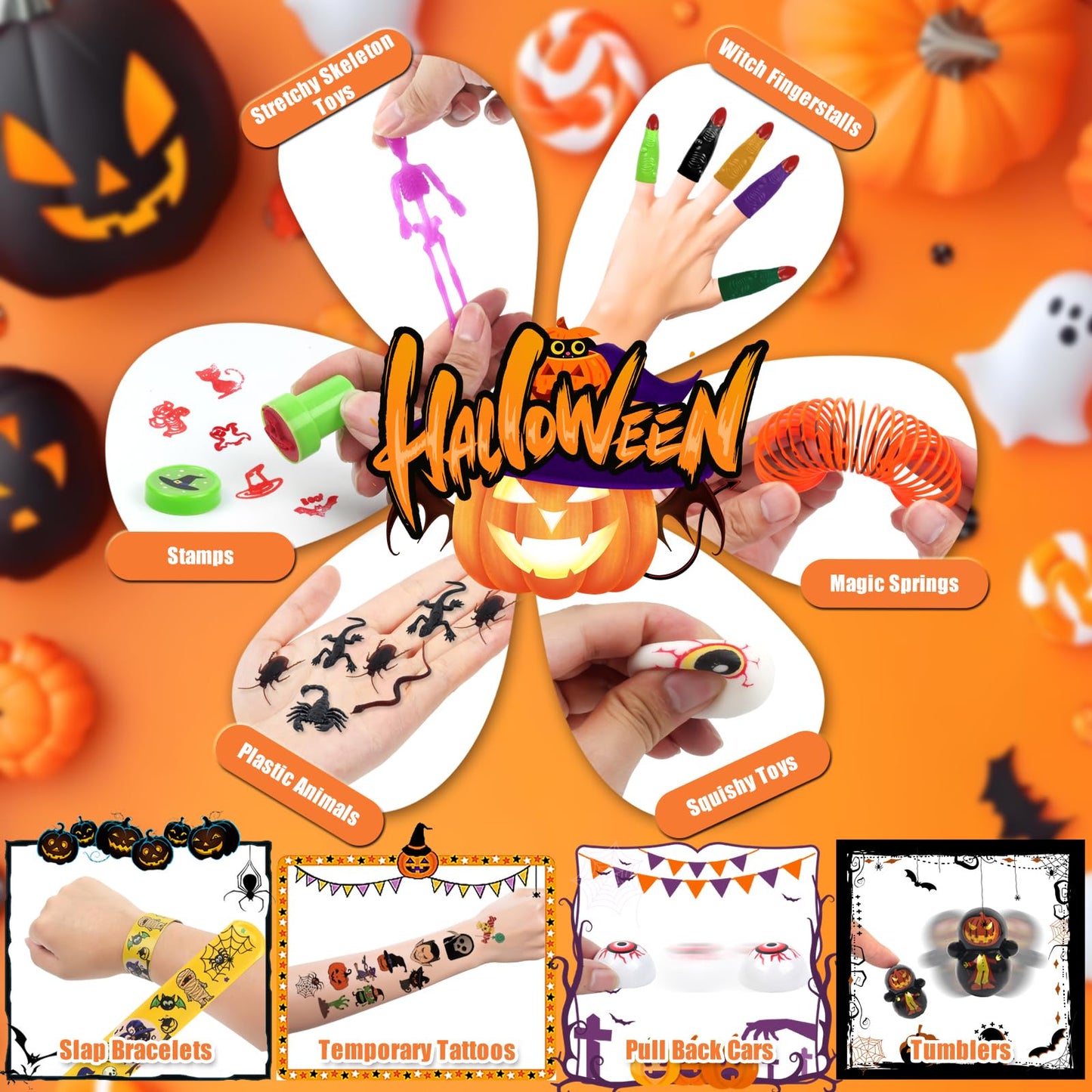 WESAYEE 338 PCS Halloween Party Favors for Kids - 24 Pack Halloween Goodie Bags Stuffer With Glove Treat Bags Fillers, Small Gif