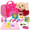 deAO Dog Toys for Kids Stuffed Dog Plush Toys with Carrier Cage,Pet Mat Pretend Play Puppy Pet Care Feeding Playset Toys Gifts f