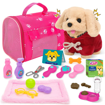 deAO Dog Toys for Kids Stuffed Dog Plush Toys with Carrier Cage,Pet Mat Pretend Play Puppy Pet Care Feeding Playset Toys Gifts f