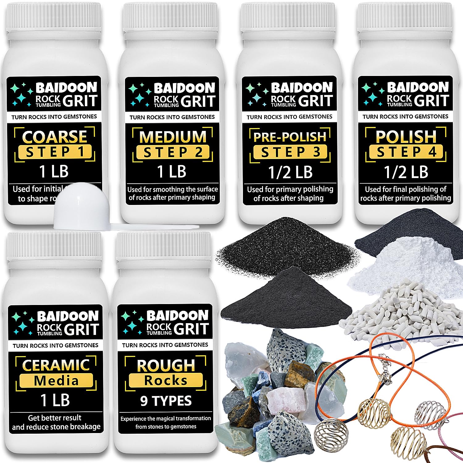 6 in 1 Rock Tumbler Grit Full Function Set - 4 Step Tumbling Grit  1 Ceramic Refill Media  9 Varieties Rough Rocks  Rock Tumbler Grit Polish Refill  Rock Polish Supplies & Accessories
