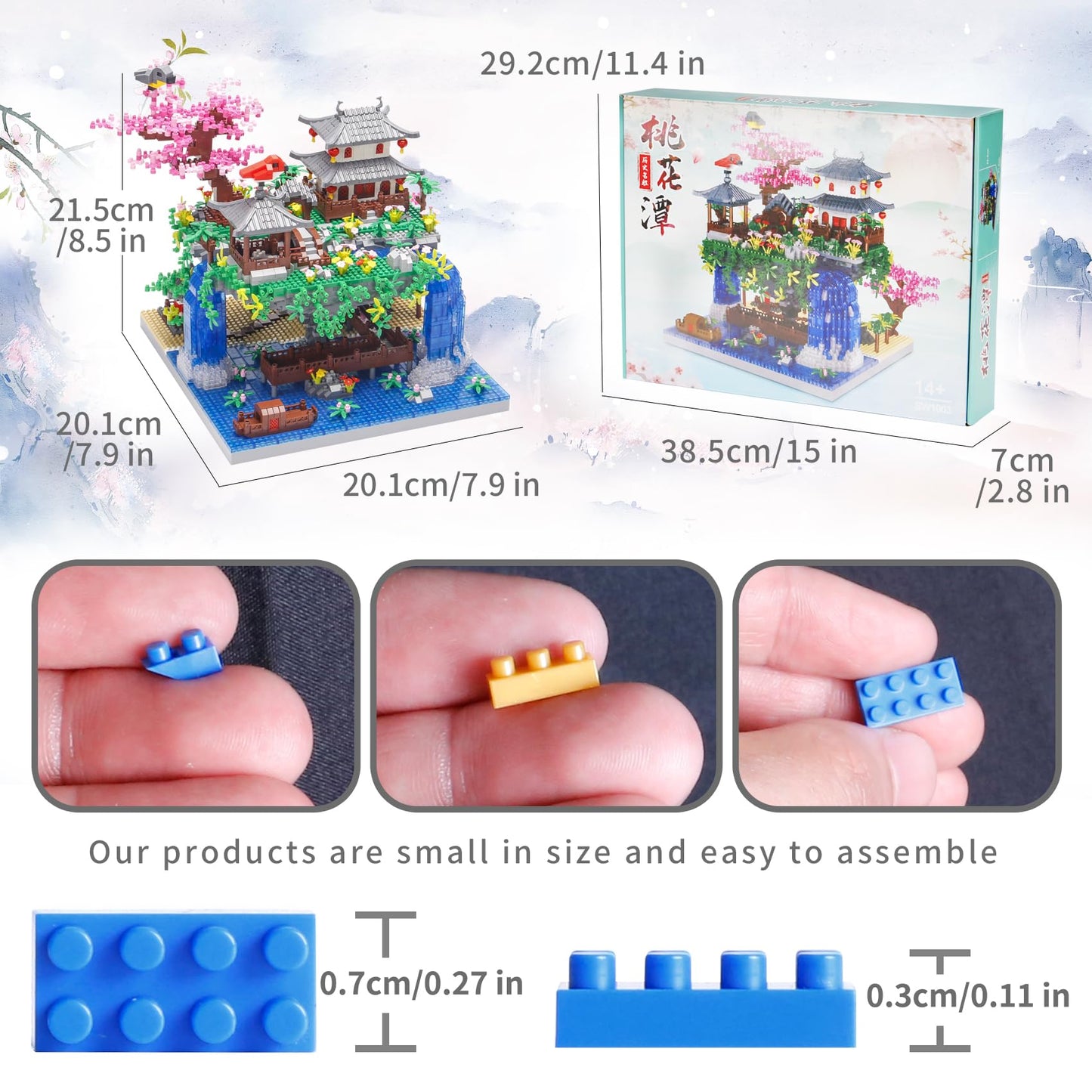 Samyblocks 3600Pcs Micro Mini Blocks Peach Blossom Pond Bonsai Tree Kit,Traditional Architecture Building Blocks,Exquisite Cherr