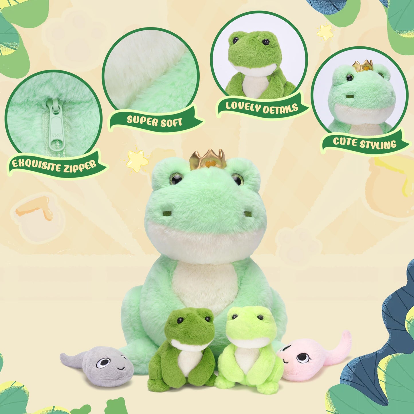 Ikasa Mommy Frog Stuffed Animal Mom And Baby Plush Toy, Cute 14'' Soft Small Mama Family Set Cuddly Toy With Little Mini Babies,