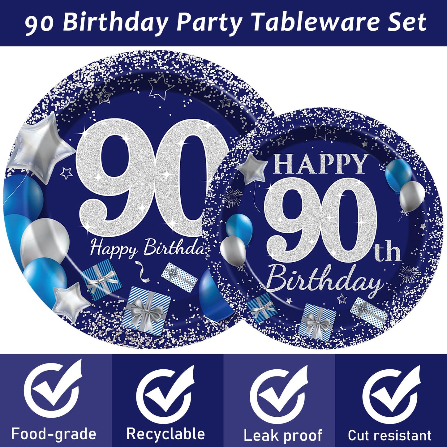 96 Pcs 90Th Birthday Party Supplies Navy Blue And Silver Birthday Plates 90Th Birthday Paper Tableware Happy Birthday Party Plat