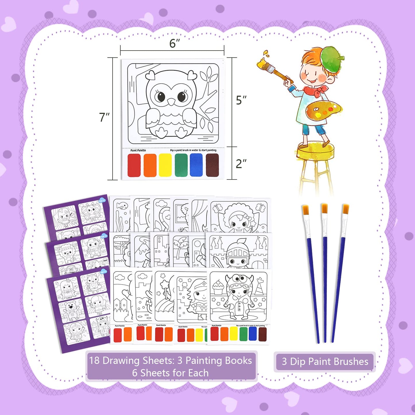 VKPI Water Coloring Activity Books, Watercolor Paint Books for Kids, 18 Mess Free Drawing Sheets, with 3 Painting Brushes, Gifts