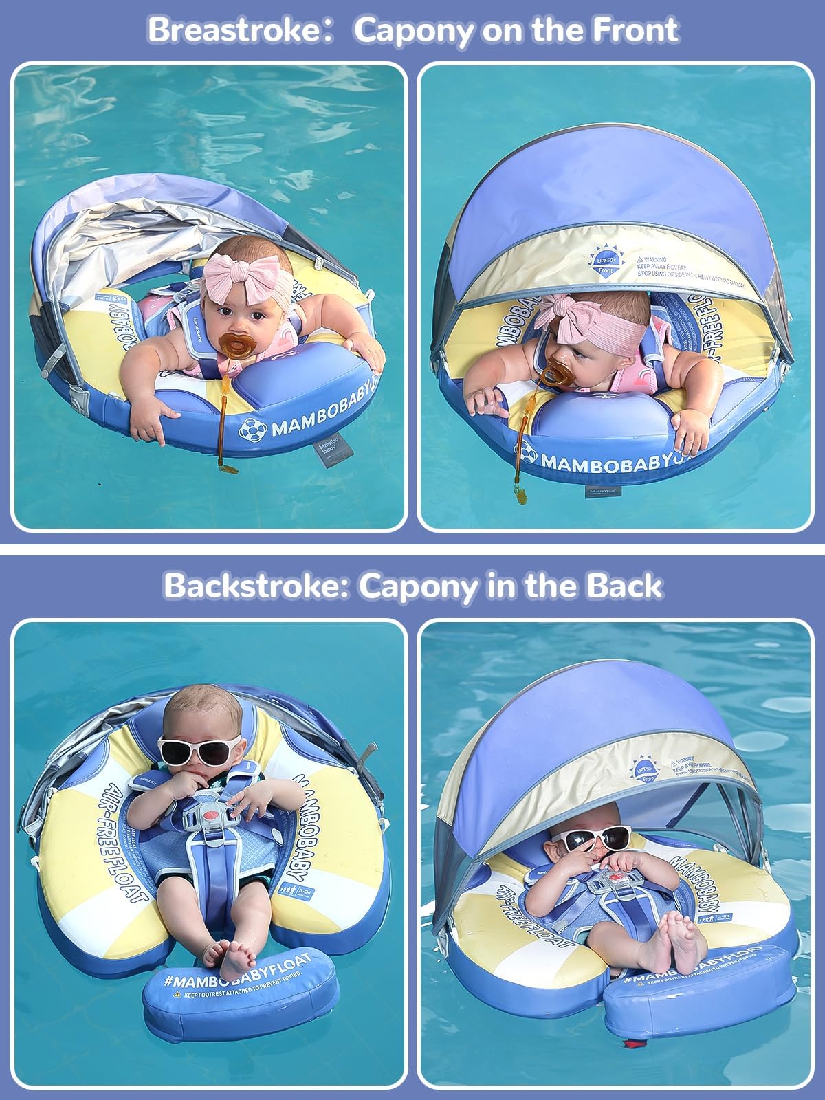 Mambobaby Baby Pool Float with Foldable Canopy  Kalolary Non-inflatable Baby Swim Float Infant Swim Trainer Ring Toddler Pool Float with Adjustable Strap for 3-24 Months Age Boys Girls (Purple Voyage)