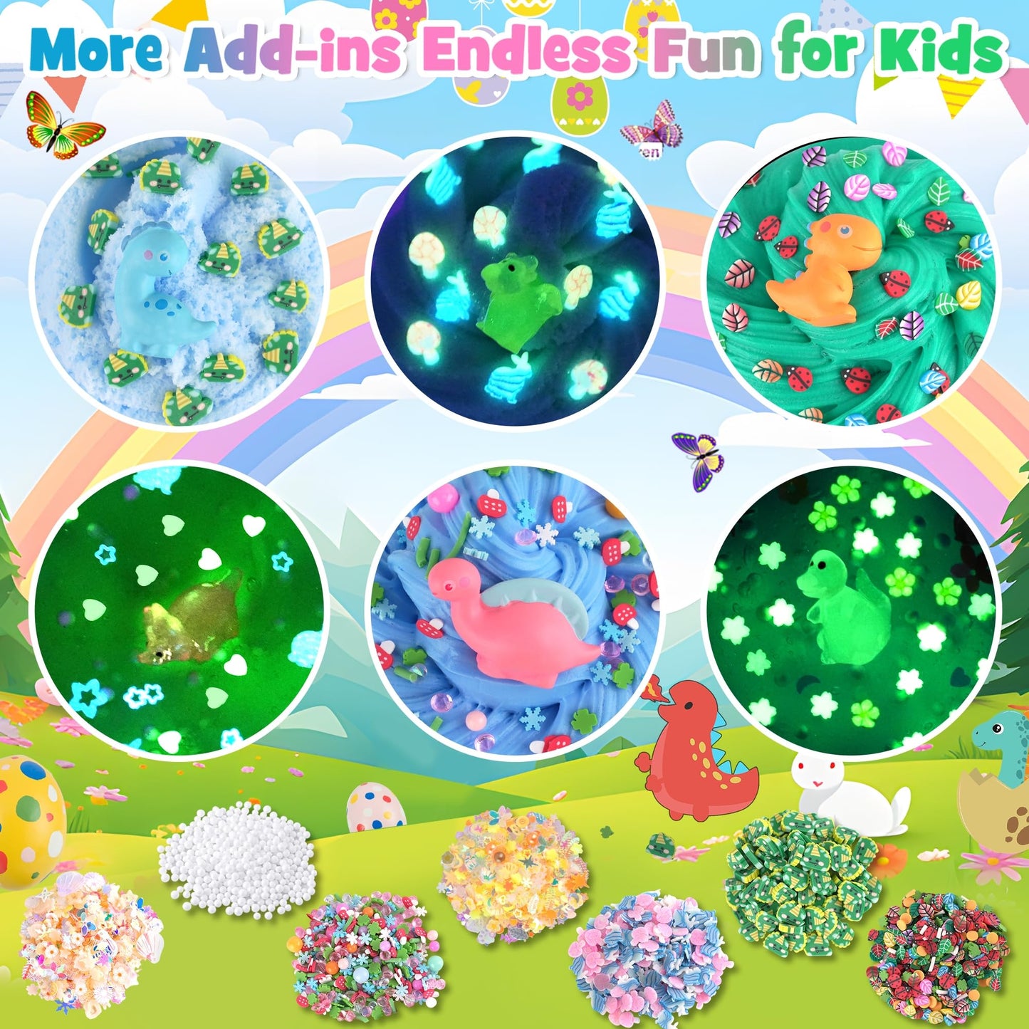 Lawoho 6 Pack Dinosaurs Slime Kit For Kids - Cloud, Butter, Clear Slimes With Glow In The Dark Add-Ins, Green & Blue Dino Slime,