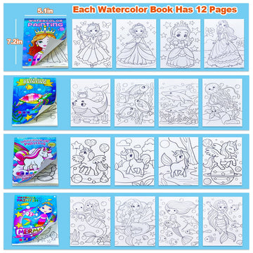 Junqiu 4Pack Water Color Paint Sets For Kids, Watercolor Painting Coloring Books For Toddlers, Paint With Water Books For Kids Ages 4-8, Art Craft Kits For Girls Boys Drawing With Brush