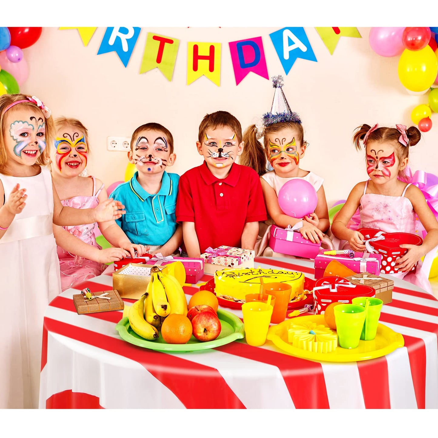 Tatuo 3 Pcs Red and White Round Circus Table Cloth 84 Inch Carnival Circus Tablecloths Striped Disposable Plastic Table Cover fo