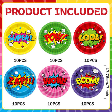 CHUNNIN 60Pcs Super Theme Hero Party Paper Plates for Super Theme Decorations Hero 7In Dessert Heroes Plates Colorful Disposable