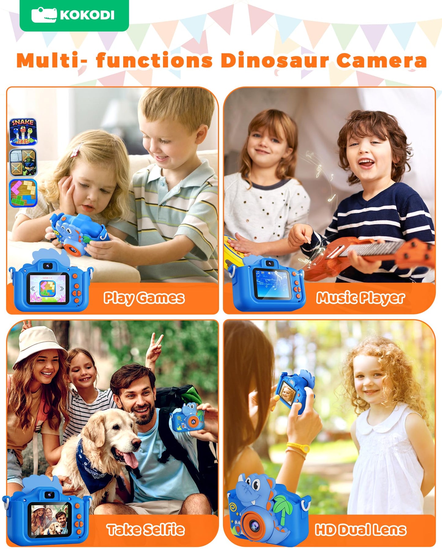 Kokodi Kids Camera Toy Digital Camera For Kids, Dinosaurs Birthday Gifts For Boys Age 3-12, 1080P Hd Video Camera For Toddler, C