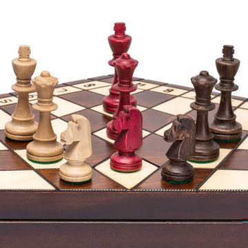Husaria Wooden Three-Player Chess Game Set - 21 Inches - With Foldable Board, Handcrafted Playing Pieces, And Felt-Lined Storage