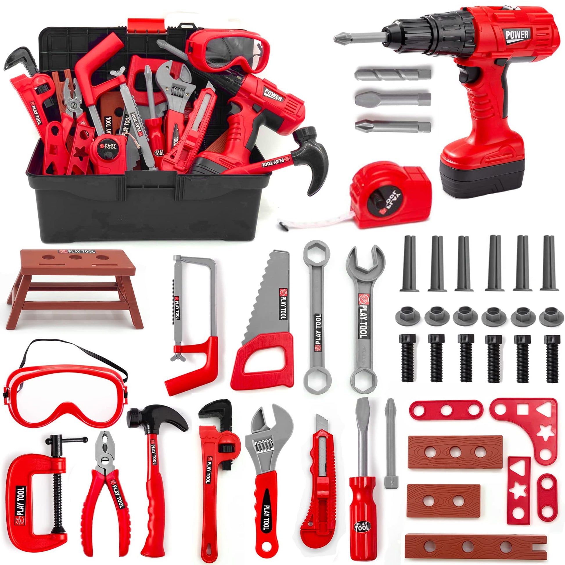HYRENEE Kids Tool Set - 48 Piece Toddler Tool Set with Electronic Toy Drill& Tool Box,Pretend Play Toys for Kids,Construction Ki