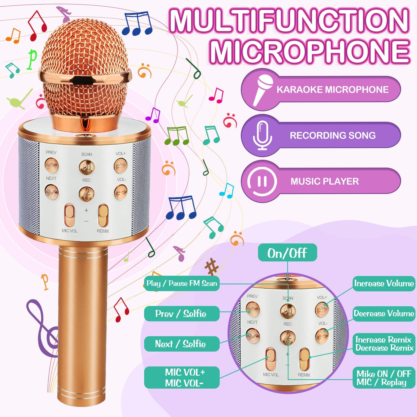 Viposoon Kids Toys For 5 6 7 8 9 Year Old Girls, Handheld Bluetooth Karaoke Microphone For Kids Gifts For Teenage Girls Christmas Birthday Gifts For 7-12 Year Old Girls Toys - Rose Gold
