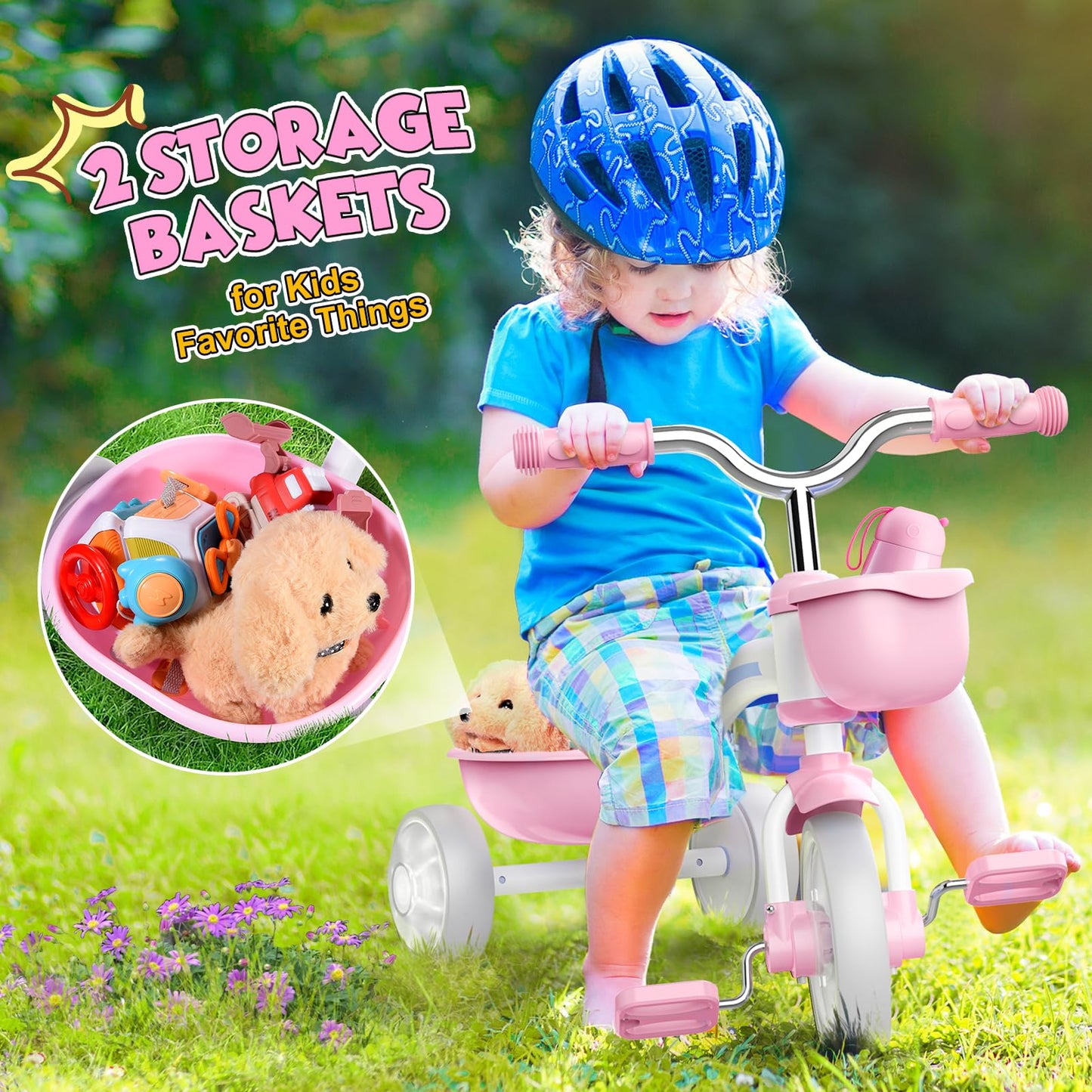 Kkdi Toddler Tricycle, Pink, 4-Level Adjustable Seat, Carbon Steel, Model WJ121503, for Ages 1-5, Ideal Birthday Gift