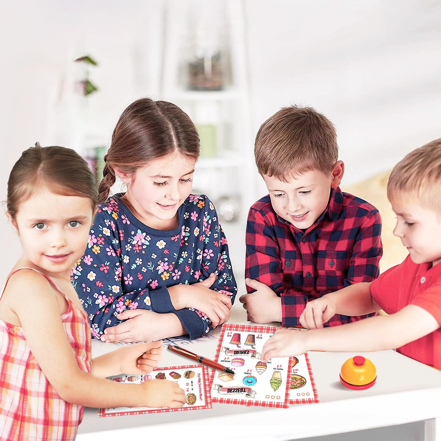 Restaurant Server Play Toys Set for Boys Girls Age 3-8, Role Play Set with Unisex Server Dress-Up Costume, Play Food, Play Money