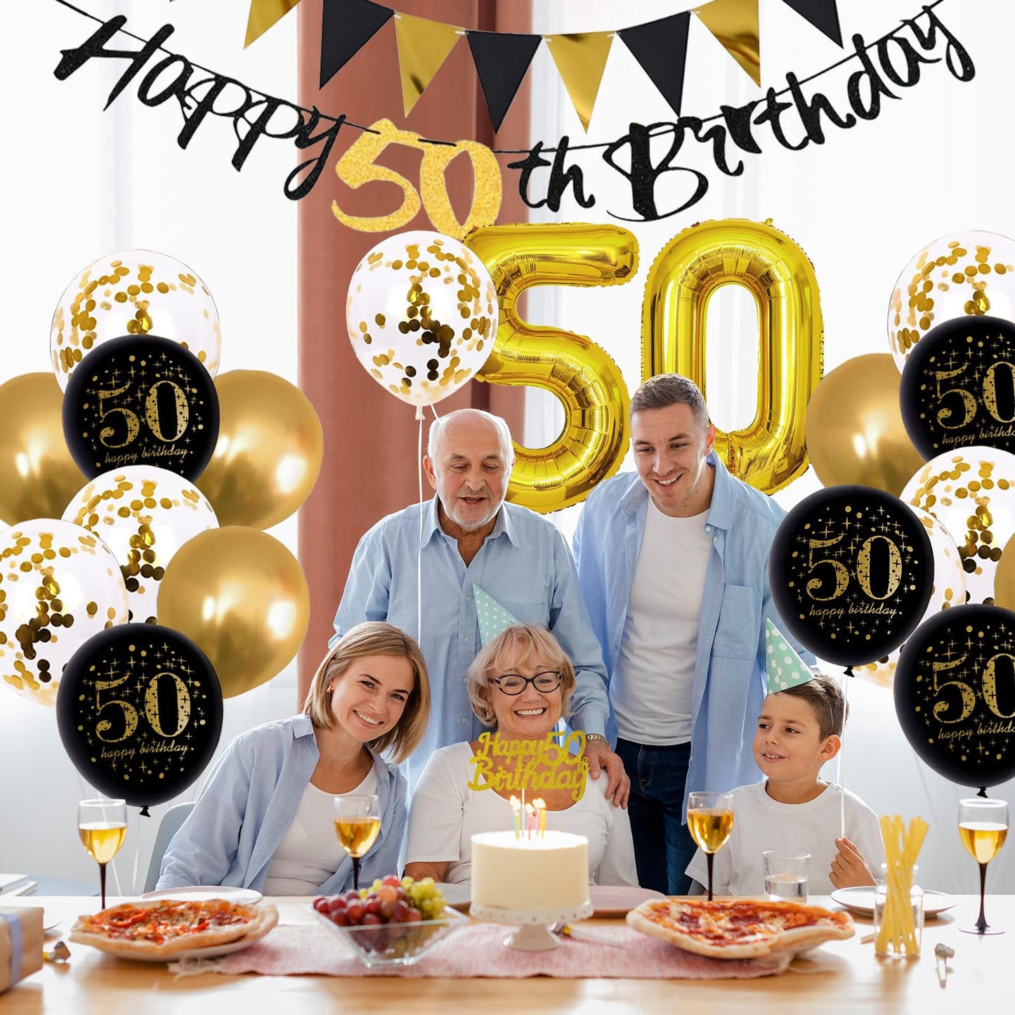Jobkoo 50Th Birthday Decoration Men, 50Th Birthday Black Gold Latex Balloons Black Happy 50Th Birthday Banners 50 Cake Toppers 5