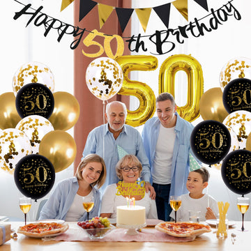 Jobkoo 50Th Birthday Decoration Men, 50Th Birthday Black Gold Latex Balloons Black Happy 50Th Birthday Banners 50 Cake Toppers 5