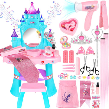 Eulrgaus Toddler Vanity, Kids Vanity Table And Chair Set With Mirror, Light And Music, Little Girl Vanity With Hair Salon Toys F