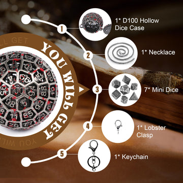 Kabinka Mini DND Dice Set, D100 Hollow Metal Dice Necklace, 7PCS Tiny D&D Dice with Keychain for Dungeons and Dragons, RPG, Port