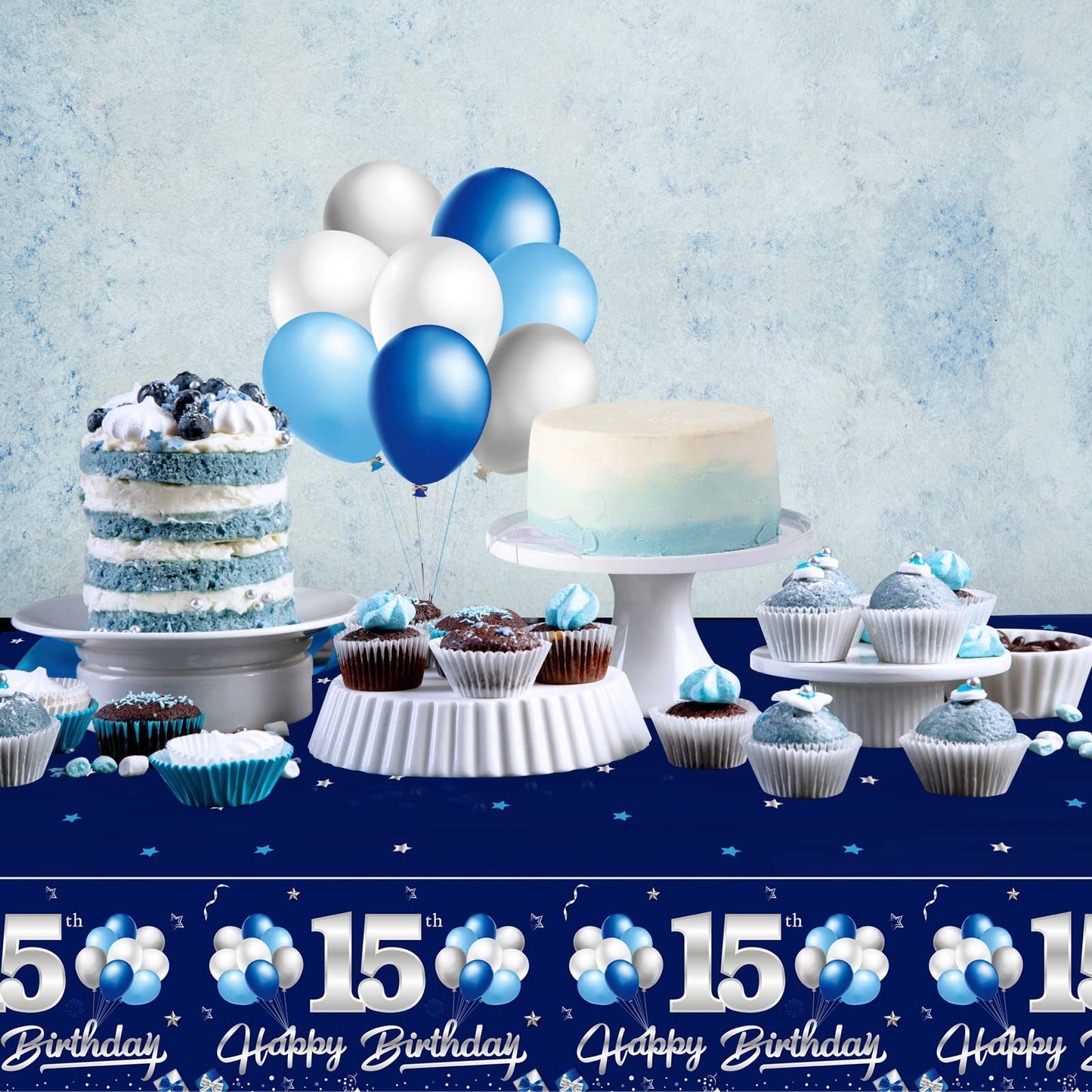 Turypaty 3 Pack Blue Silver 15Th Birthday Tablecloth Decoration For Boy, Navy Blue Happy 15 Table Cover Party Supplies, Fifteen