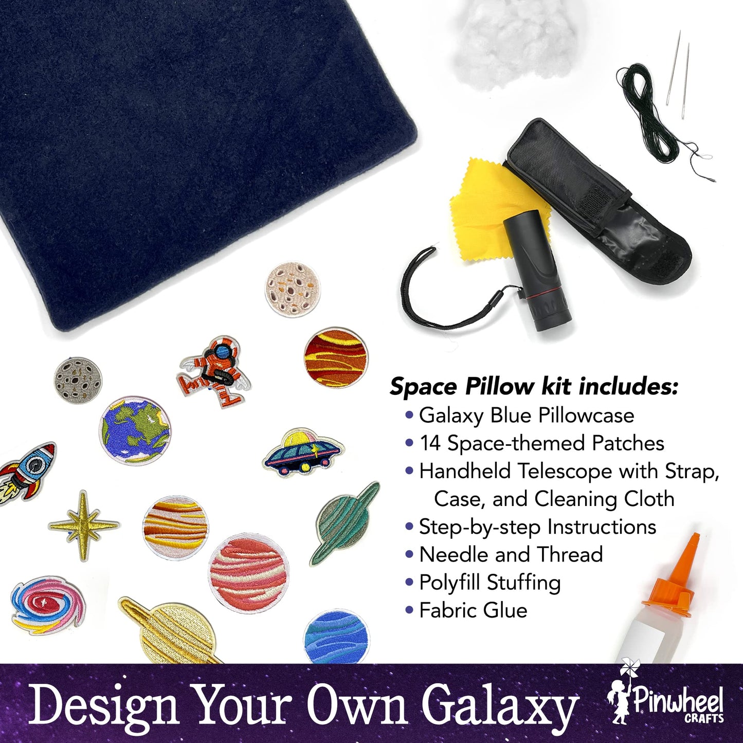 Easy Sew Space Pillow Kit with Planet Patches, Kids Telescope, Learn Astronomy Solar System, Make Your Own Plush Craft, Sewing K