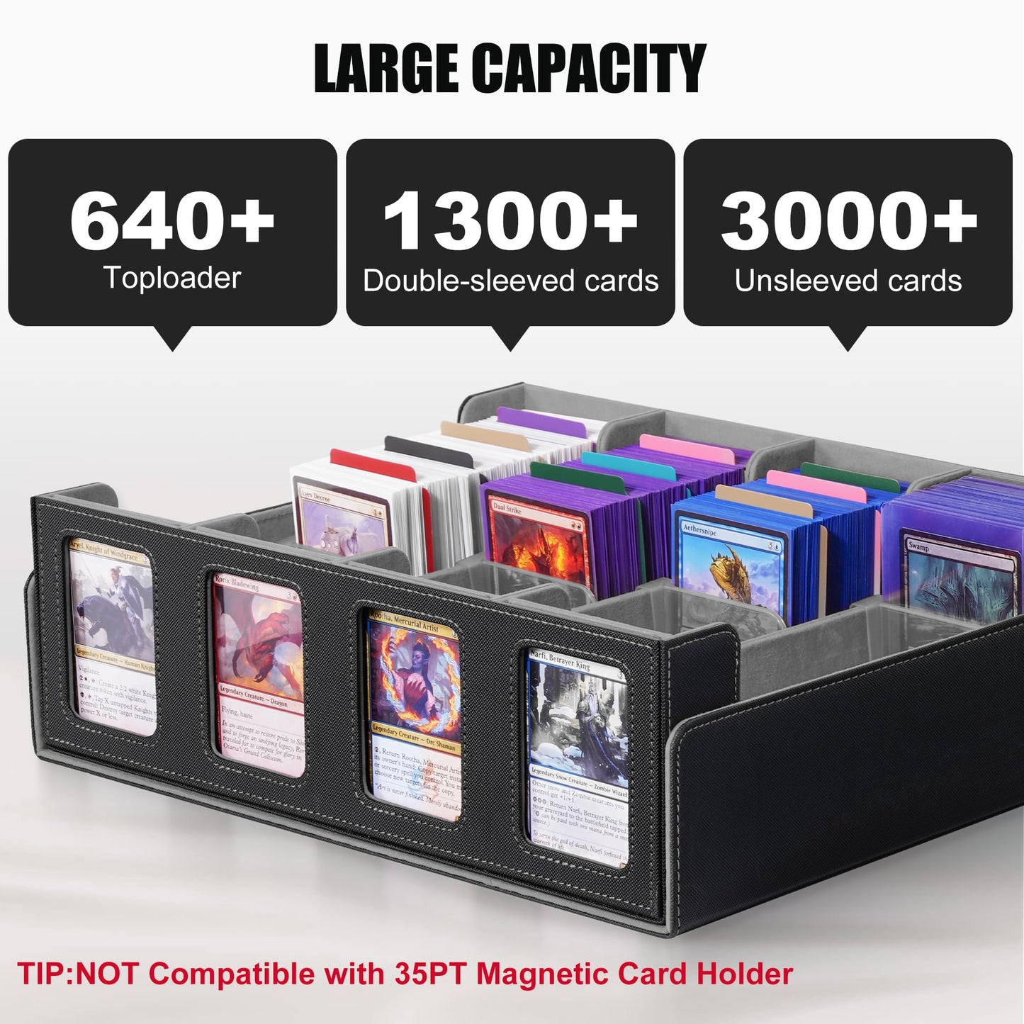 Kabinka Trading Card Storage Box with Commander Display  4-Row Deck Case with Removable Lid; 2400+ Card Deck Box for MTG TCG Sports Card  4 Toploaders  4 Stoppers  24 Dividers 1 Dice Bag (Black)