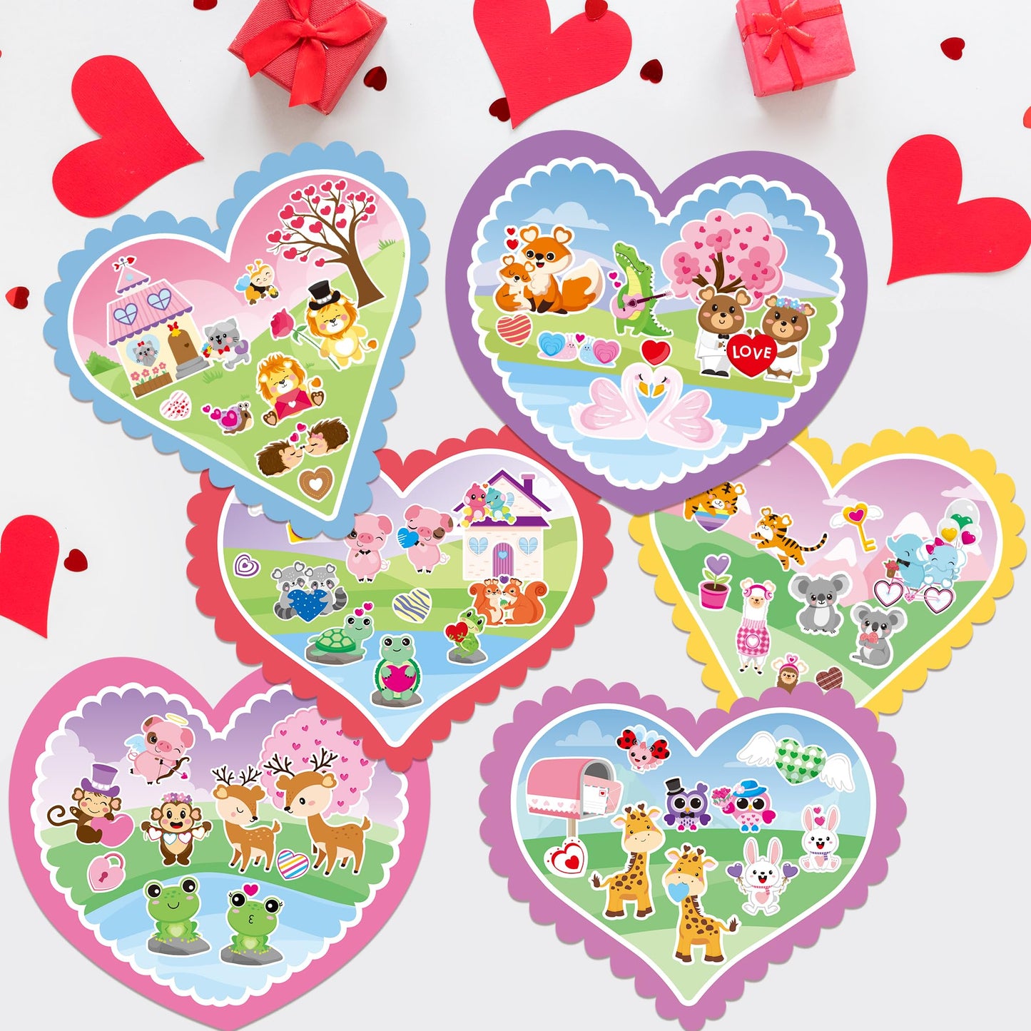 CY2SIDE Valentines Heart Stickers Scene - 12 Sets of Valentines Day Fun Animal Pig Frog Sticker Art Craft for Kids School Activi