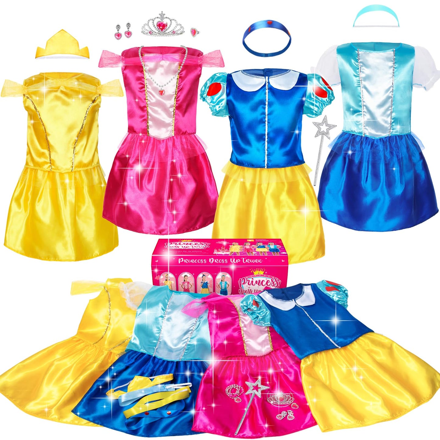 Soliehoo Girls Princess Dress Up Trunk, Pretend Play Costumes Princess Role Play Set 15Pcs Girls Dress Up Clothes With 4 Tops,4