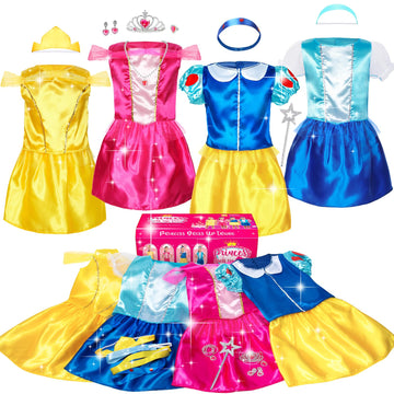Soliehoo Girls Princess Dress Up Trunk, Pretend Play Costumes Princess Role Play Set 15Pcs Girls Dress Up Clothes With 4 Tops,4