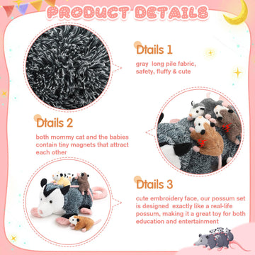 Hollowfly 5 Pcs Stuffed Opossum Mommy Possum Plush With 4 Baby Opossums Stuffed Toy On Her Back, Magnetic Attraction Cotton Plus