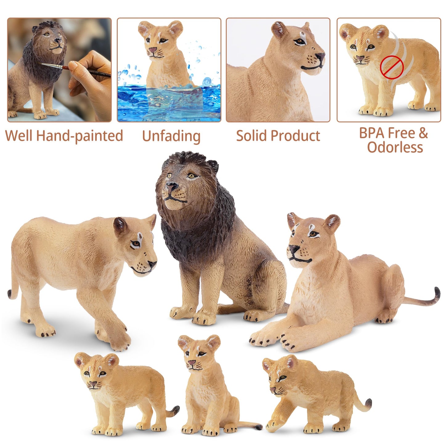 Toymany 6Pcs Realistic Lion Figurines With Lion Cubs, 2-5'' Jungle Animals Figures Family Set Includes Baby Lions, Educational T