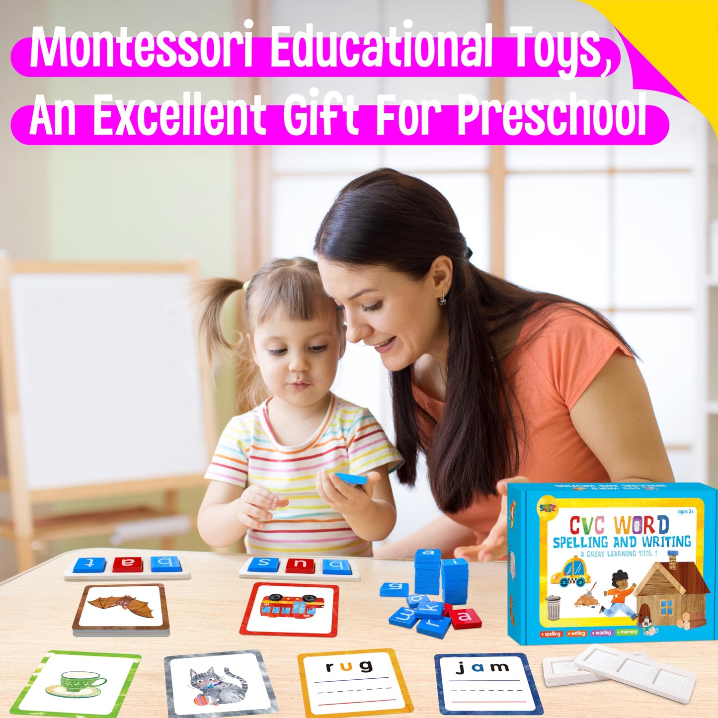 154 Pcs Wooden Cvc Word Spelling Game, Short Vowel Spelling Flashcards Sight Words Flash Cards Montessori Early Educational Toys For Preschool Kindergarten (5 Dry Erase Marker Included)