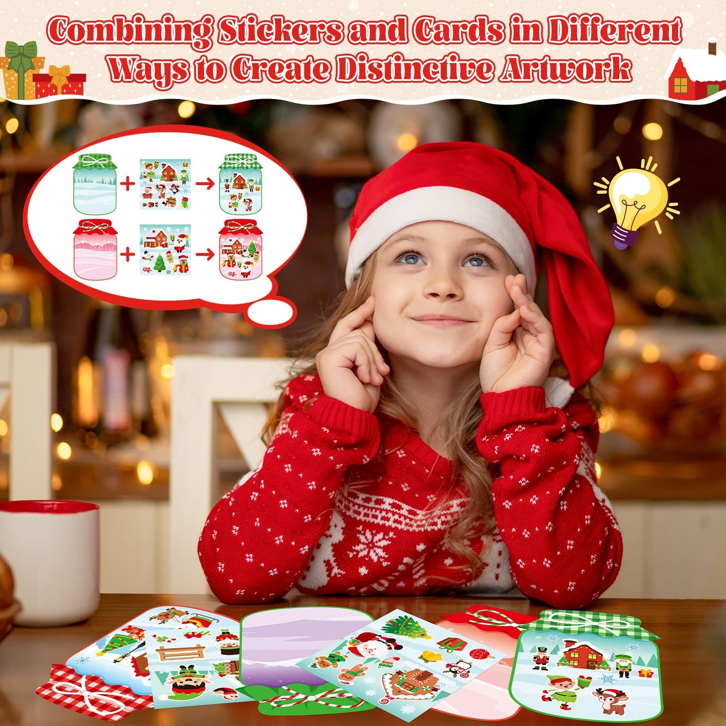 CY2SIDE Christmas Snowy Jar Scene Sticker - 12 Set Red and Green Winter Sticker Art Craft for Kids Holiday Project, Make a Snowy