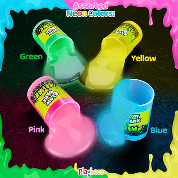 Playbees Glow In The Dark Slime - 24 Pack - Neon Blue, Green, Pink, Yellow Colors - Glowing Slime Kit For Kids - Party Favors, G
