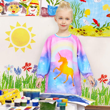 Fiodrimy Kids Art Smock Unicorn Painting Artist Apron Waterproof Paint Smocks Girls Boys Long Sleeve With Pocket For Child 8-12 Years, Medium