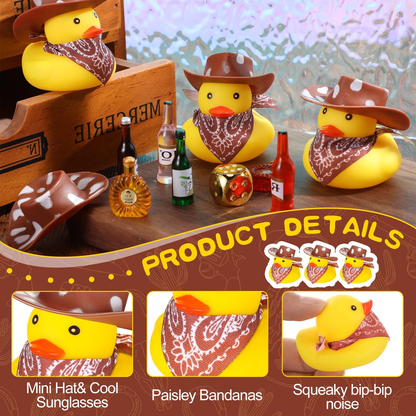 24 Sets Cowboy Rubber Duck with Cute Cow Print Cowboy Hat and Scarf Mini Rubber Duckies Cow Print Farm Theme Party Supplies Bathtub Toys Western Cowboy Theme Party Decoration (Cute Style)