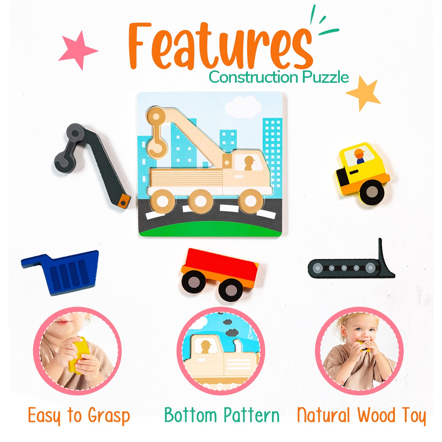 Klevly 6 Pk Construction Wooden Toddler Puzzles Ages 2-4 | Wooden Puzzles For Toddlers 1-3 | Montessori Toys For 2 Year Old | Le