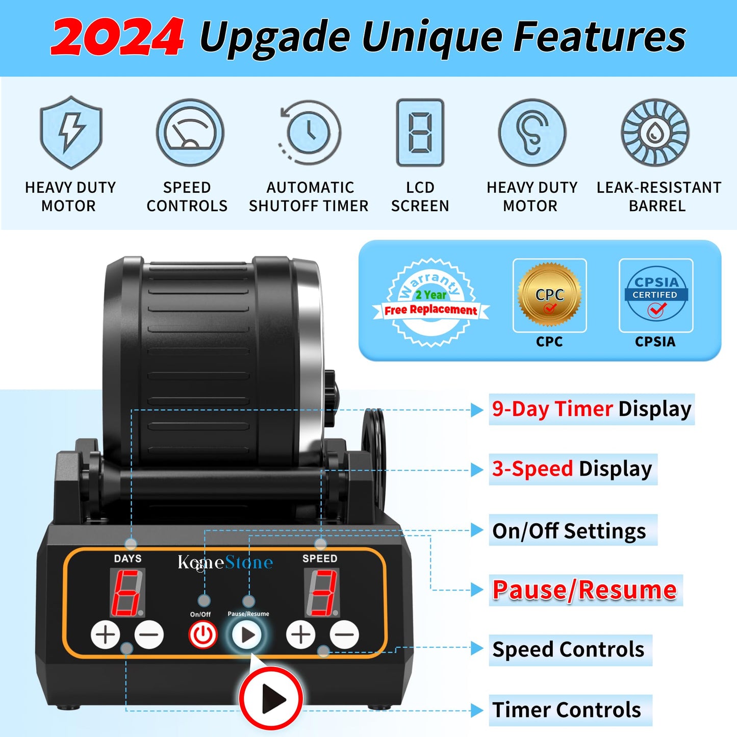 KomeStone K1 Rock Tumbler Kit - 2.5LB Capacity, Digital Timer, Variable Speeds, Brush Motor, 11.3x9.17x5.87 inches