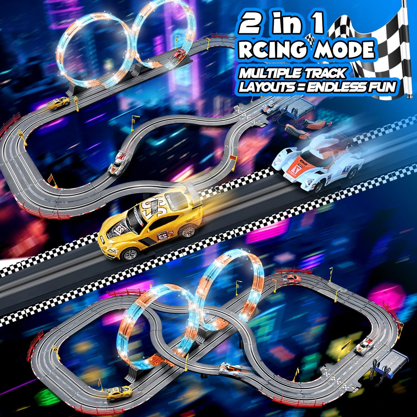 RIANEAN Slot Car Race Track Set - 4 Cars, Electric Dual Racing Game, 0.2" Size, Plastic, Model K-CARA51-4A-LIGHT, Gift for Kids