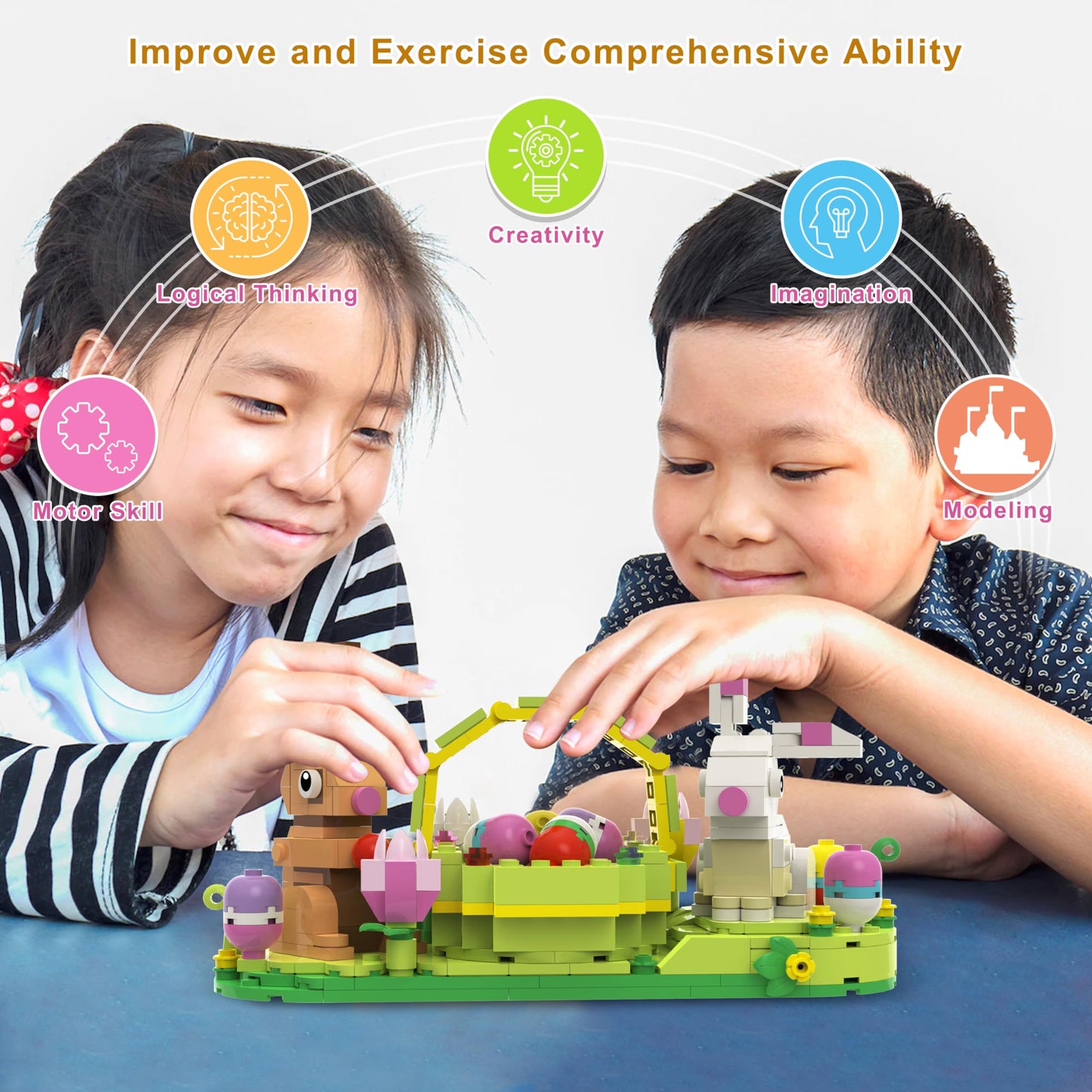 Alagoo Easter Bunny And Basket Building Kit, 422 Pcs Easter Rabbits Display Building Toy Set, Easter Basket Stuffers Easter Eggs Baskets For Kids Easter Building Toys Easter Gifts For Boys Girls