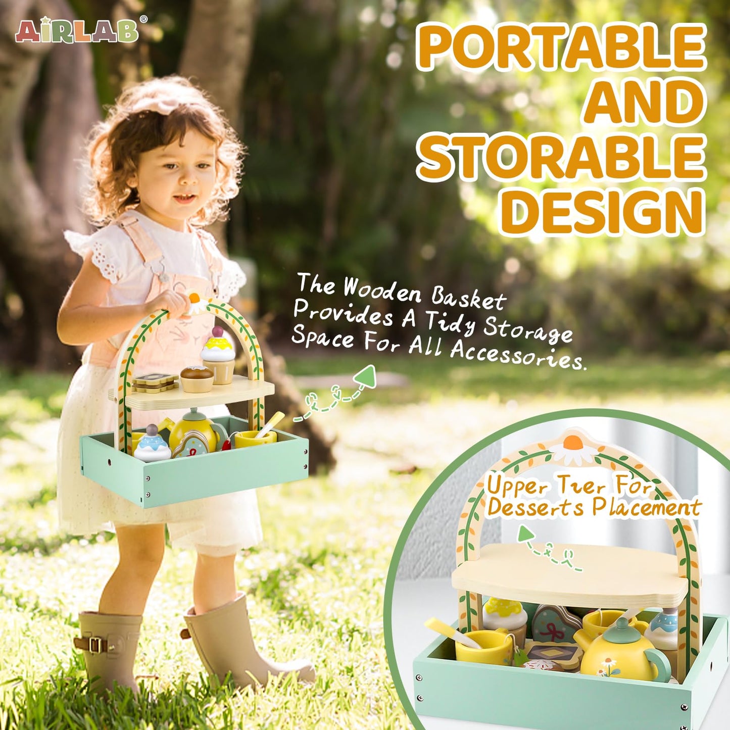 Wooden Tea Sets for Little Girls 1-3 Play Food Cake Toys Toddlers 3-5 Kitchen Accessories Pretend Play Princess Playset for 2 3