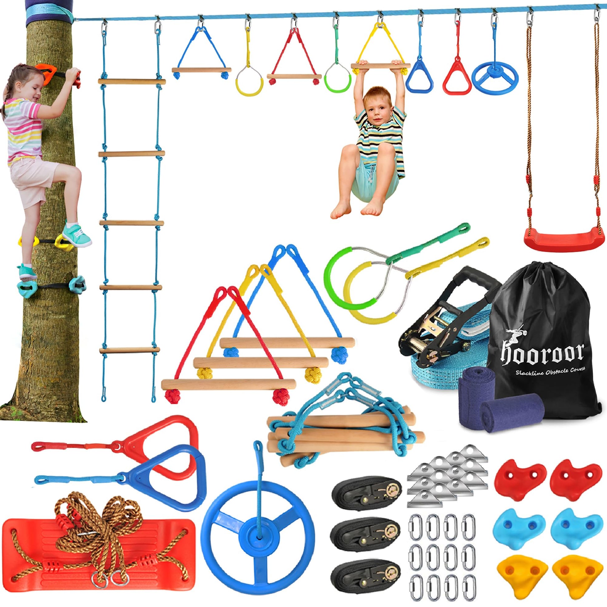 Hooroor Ninja Warrior Obstacle Course For Kids And Adults - 66Ft Slackline With Tree Climbing Rock Holds, Swing Seat, Monkey Bars, Ring Wheel, Rope Ladder - Outdoor Training Playset