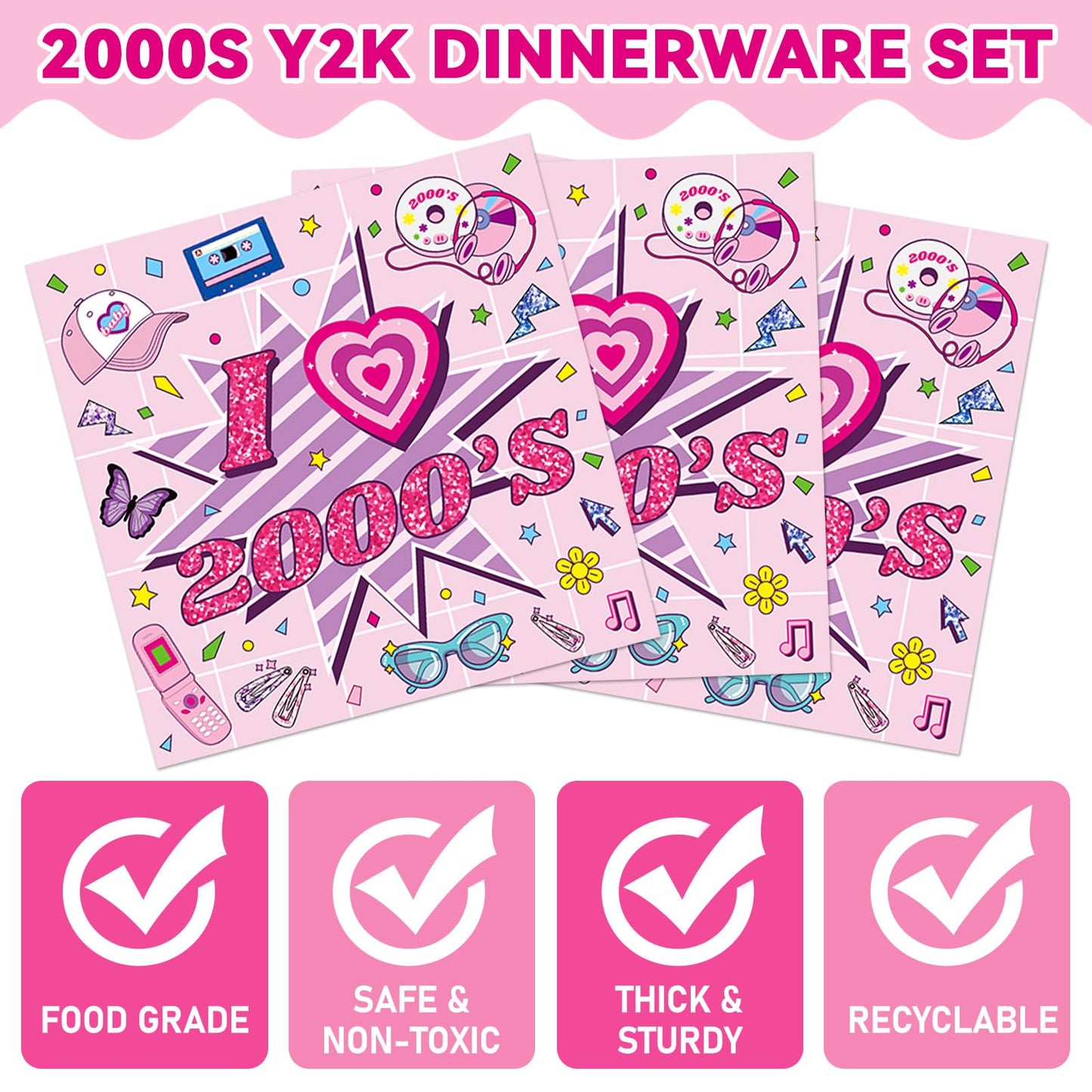 Qyeahkj 100Pcs 2000S Party Supplies Pink Y2K Party Paper Plates And Napkins Disposable 2000S Theme Party Tableware Dinnerware Se
