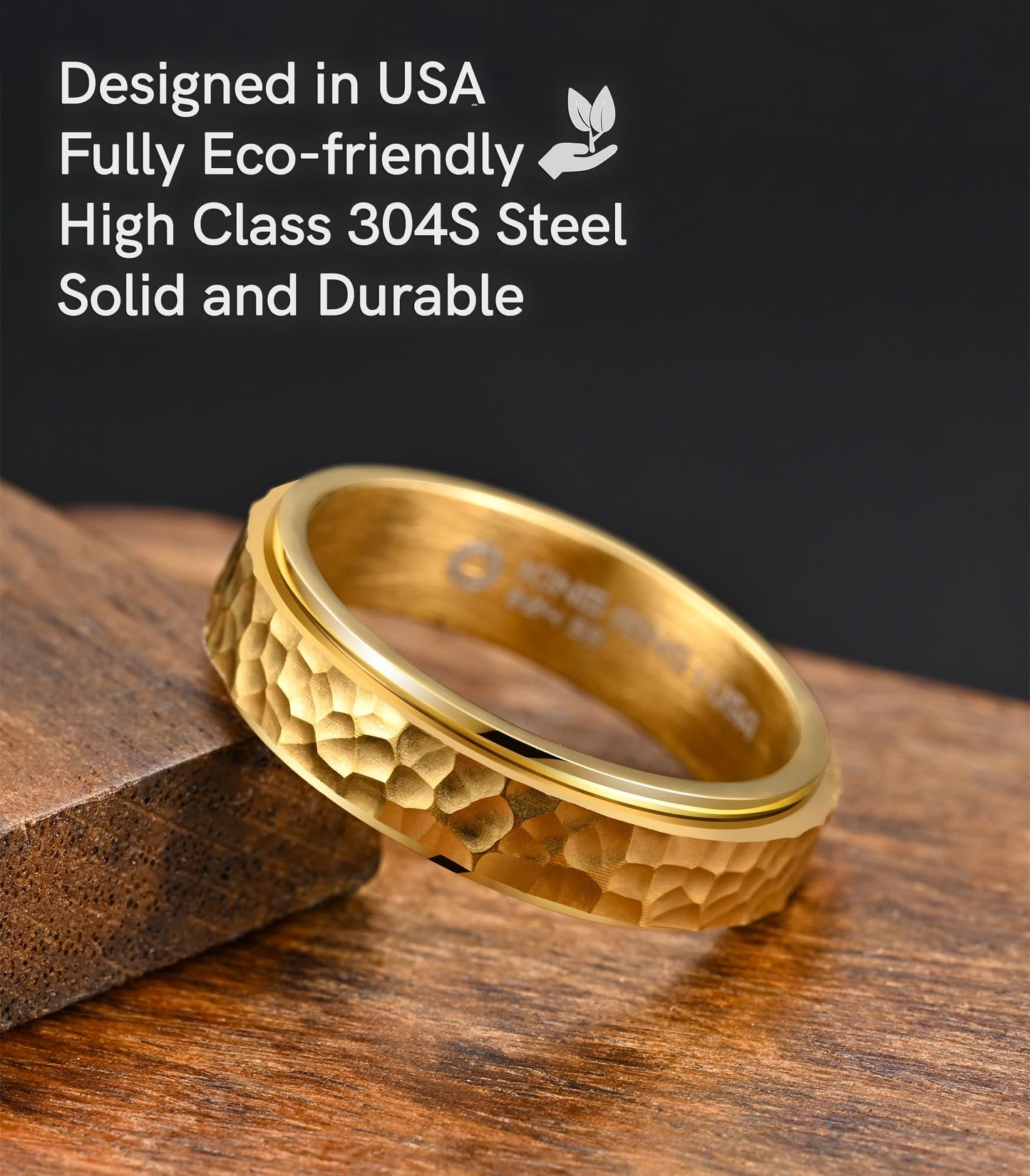 King Ring 6Mm Spinner Hammered Ring - Stress Relief Fidget Ring For Men & Women K39V2 - Gold 06