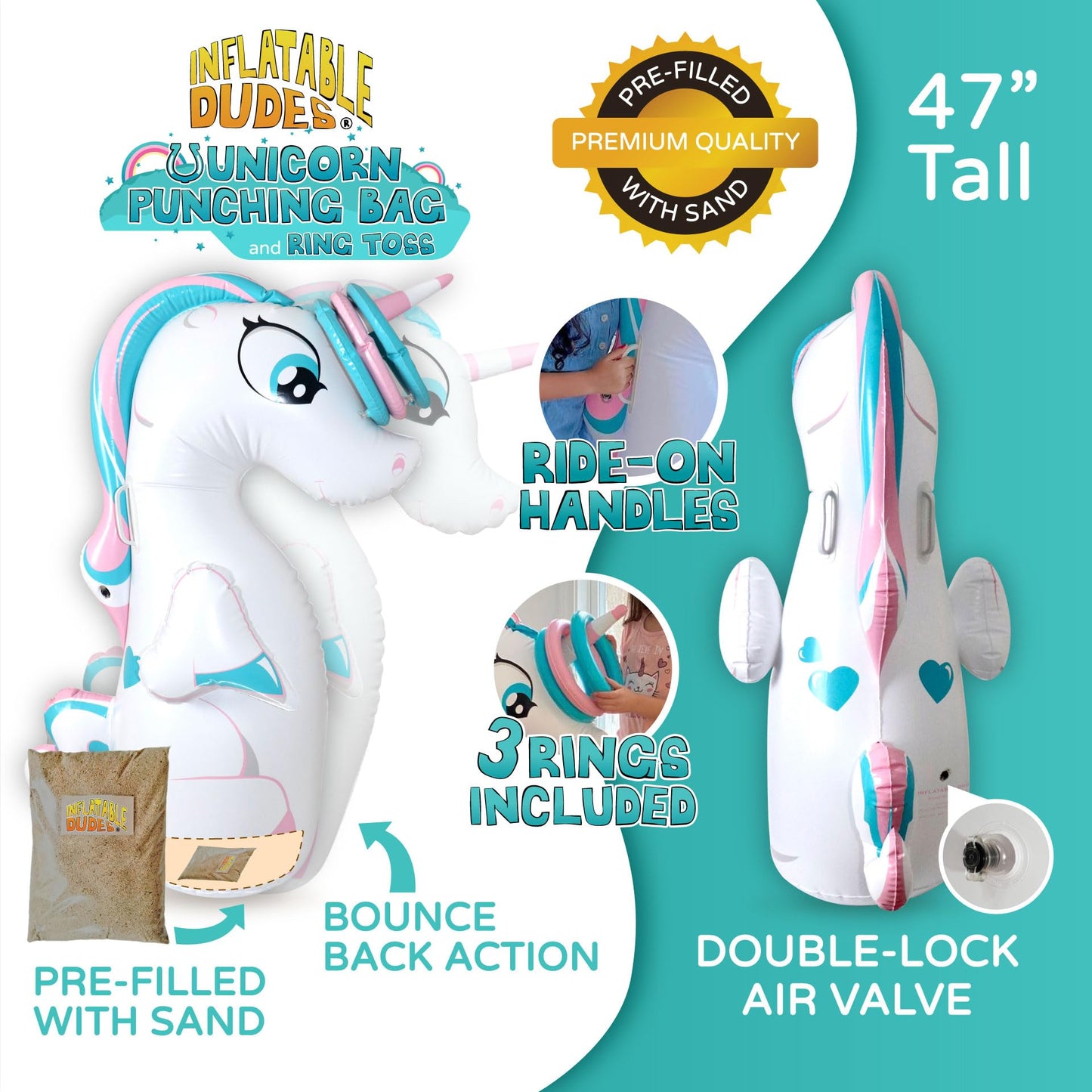 Inflatable Dudes Unicorn 47 Inches- Kids Punching Bag| Already Filled With Sand | Party Bop Bag |Ring Toss With 3 Inflatable Rings| | Ride-On Toy + Handles| Punching Bag For Kids (Unique)
