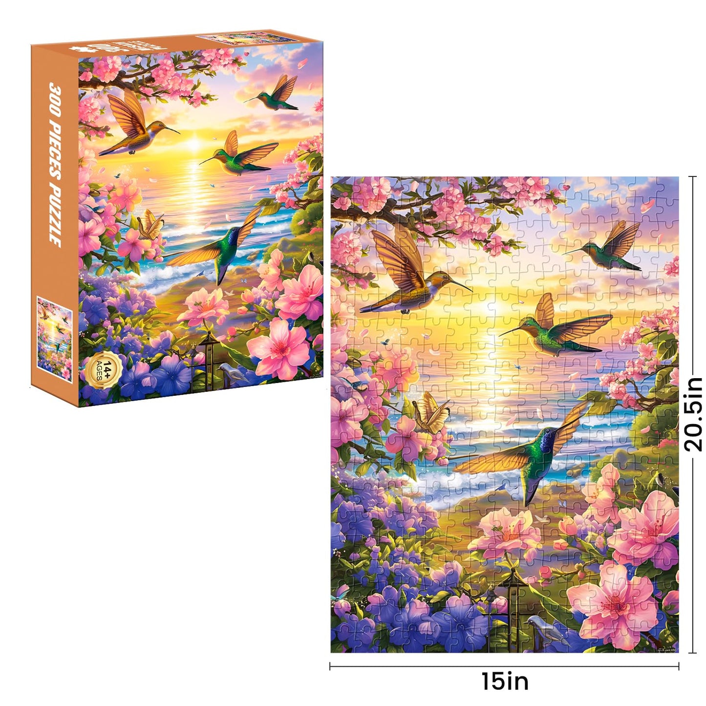 300 Pieces Puzzles for mature-themed Jigsaw Puzzle 300 Piece Puzzle Children Elderly Puzzle Hummingbird Beach Flower Puzzle Gift for Mom Dad Family Friend Family Activity Games Home Decor Wall Art 20.5x15IN