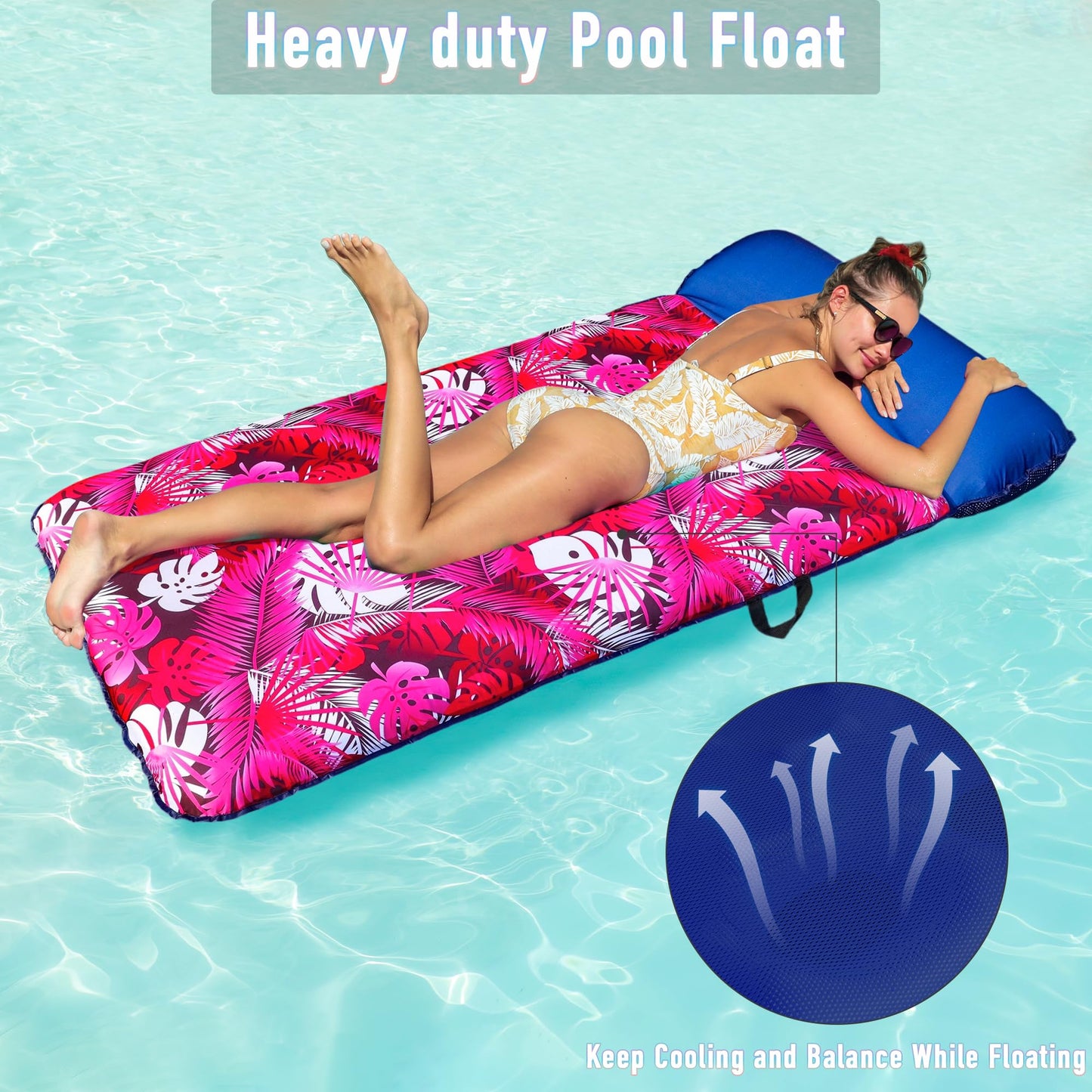 Finduwill Oversized Pool Lounger Floats Adults - 72'' X37'' Xl Fabric Covered Pool Float With Headrest, Ultra-Comfort Pool Float